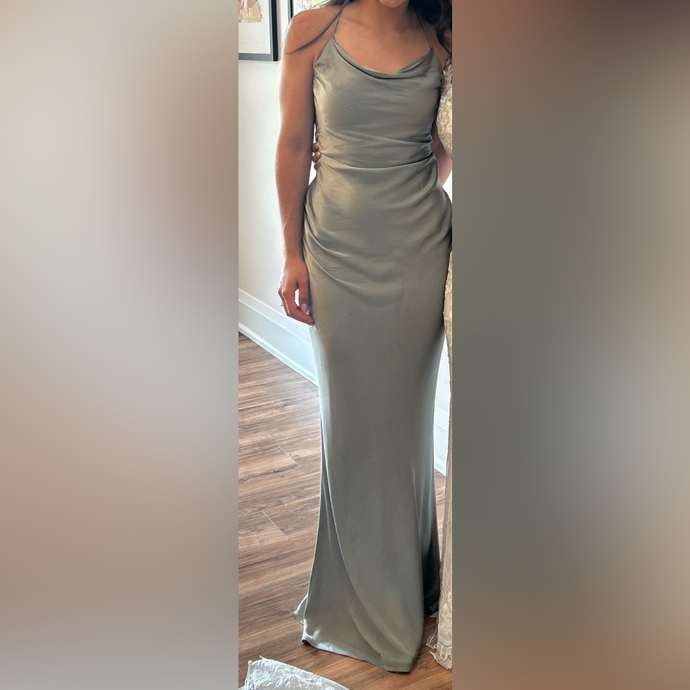 Shona Joy Olive Satin Cowl Neck Slip Maxi Dress
